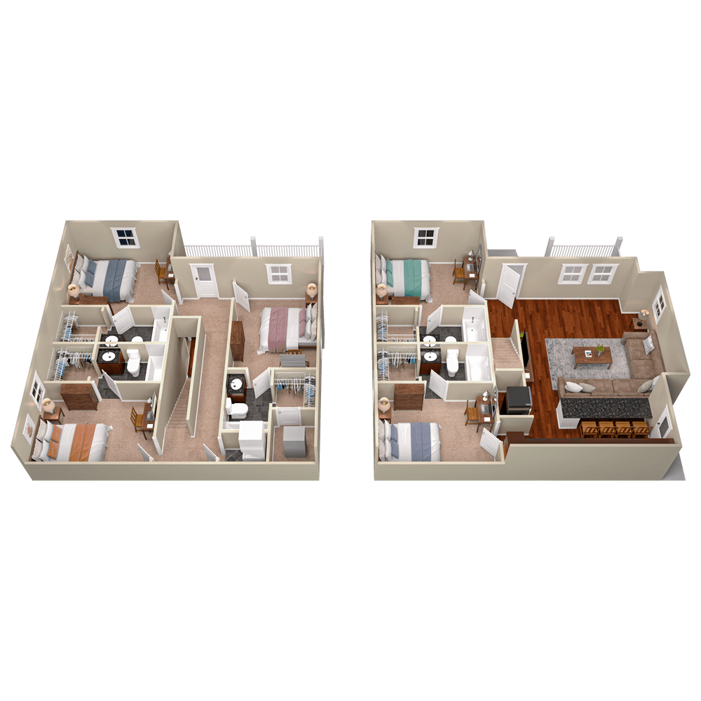 E2 Duplex Cottage – 5×5 1879 sf 3D 1